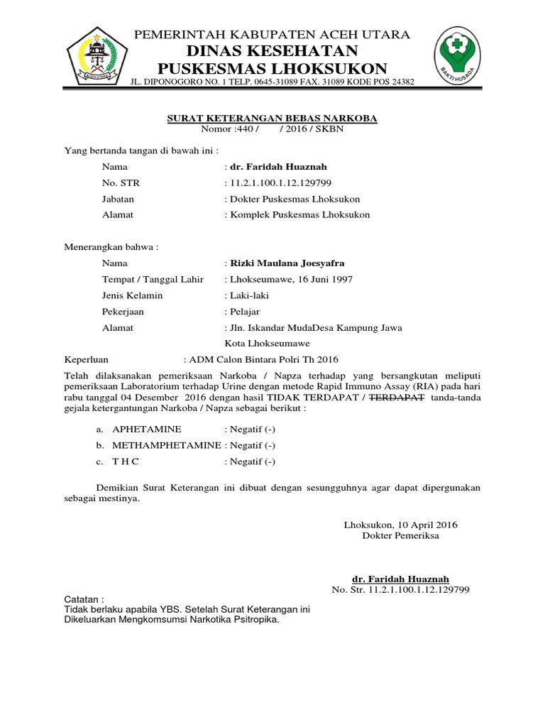 Surat Keterangan Bebas Narkoba