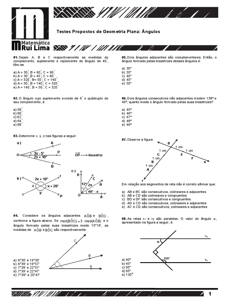 Testes de Geometria Plana: Ângulos | PDF | Geometria Clássica | Triângulo