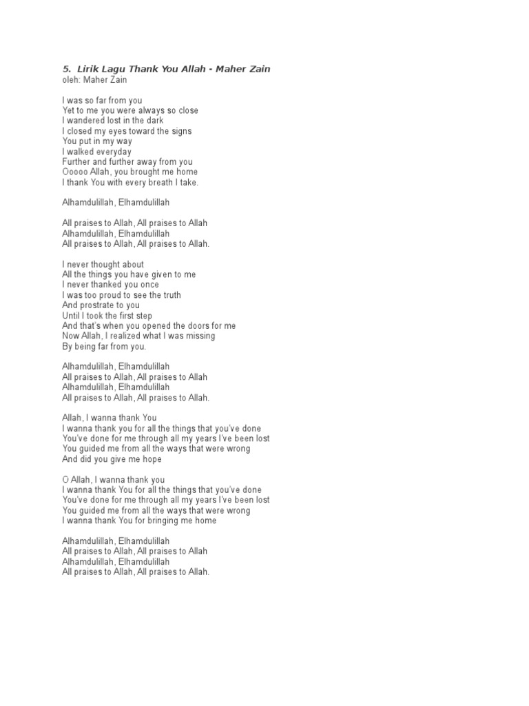 Lirik Lagu Thank You Allah