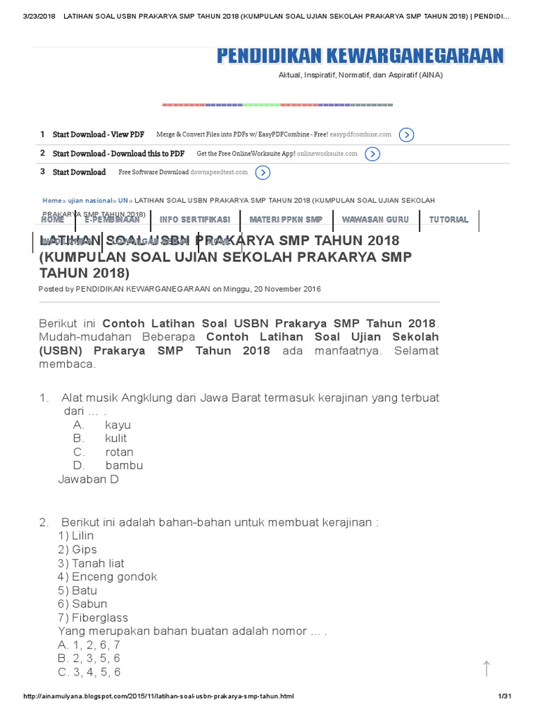 Latihan Soal Usbn Prakarya Smp Tahun 2018 Kumpulan Soal Ujian Sekolah Prakarya Smp Tahun 2018 Pendidikan Kewarganegaraan