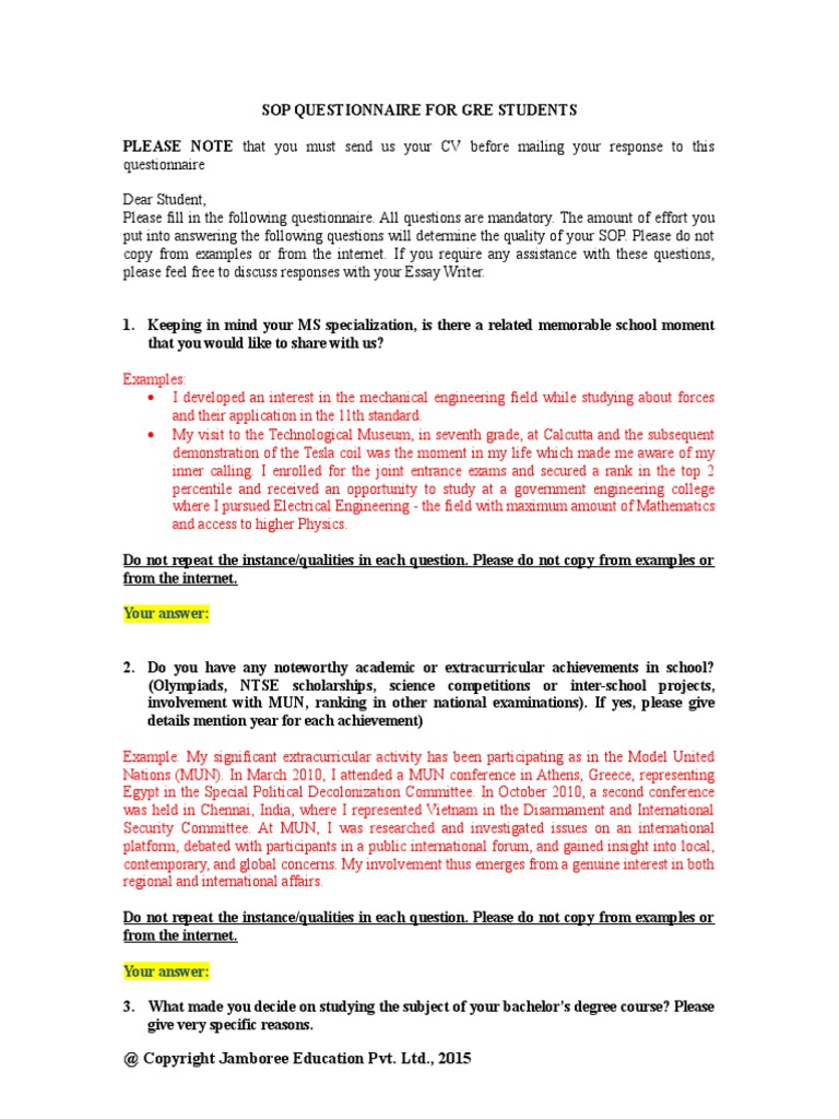 GRE Student SOP Questionnaire Guide | PDF | Academic Degree | Engineering
