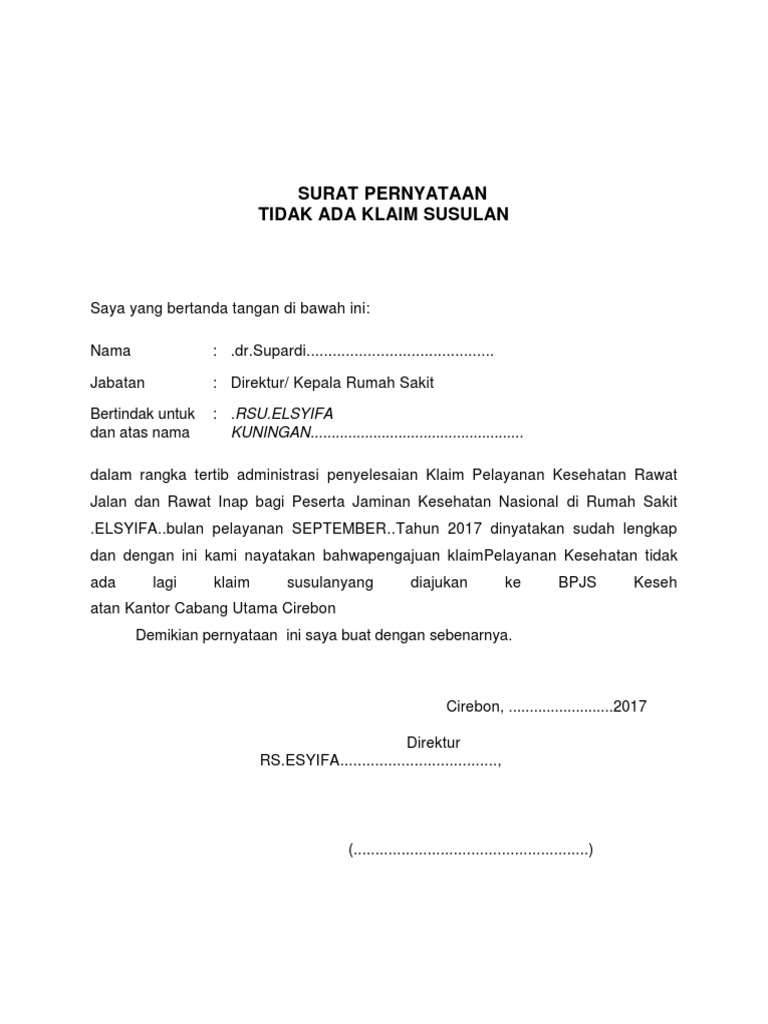 Surat Pernyataan Tidak Ada Klaim Susulan