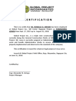 Certification for Romulo Menor's employment at Global Project Inc