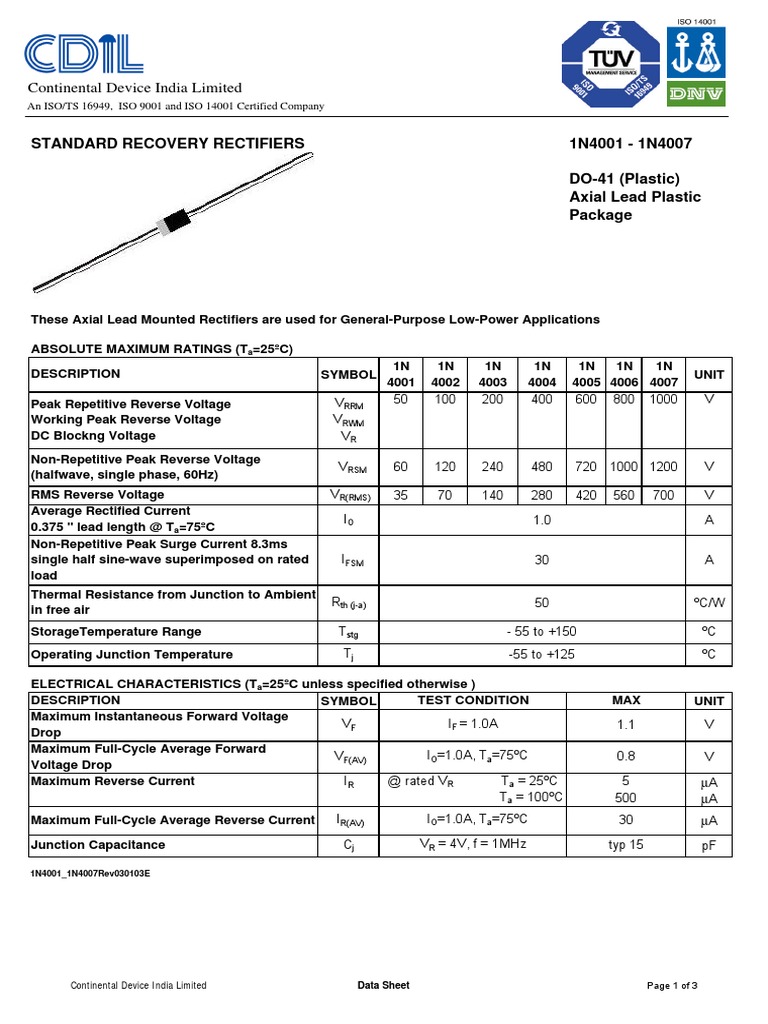 1n4007 Cdil Datasheet PDF | PDF | Rectifier | Electricity