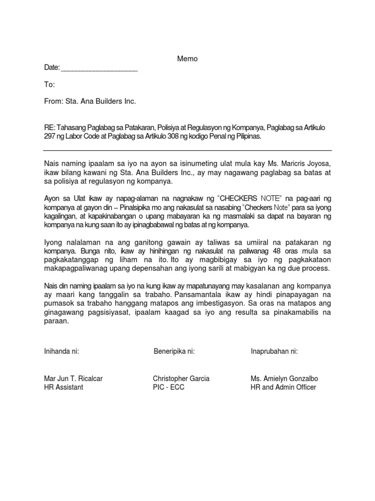 Notice to Explain: Tagalog Sample | PDF | Career & Growth | Law