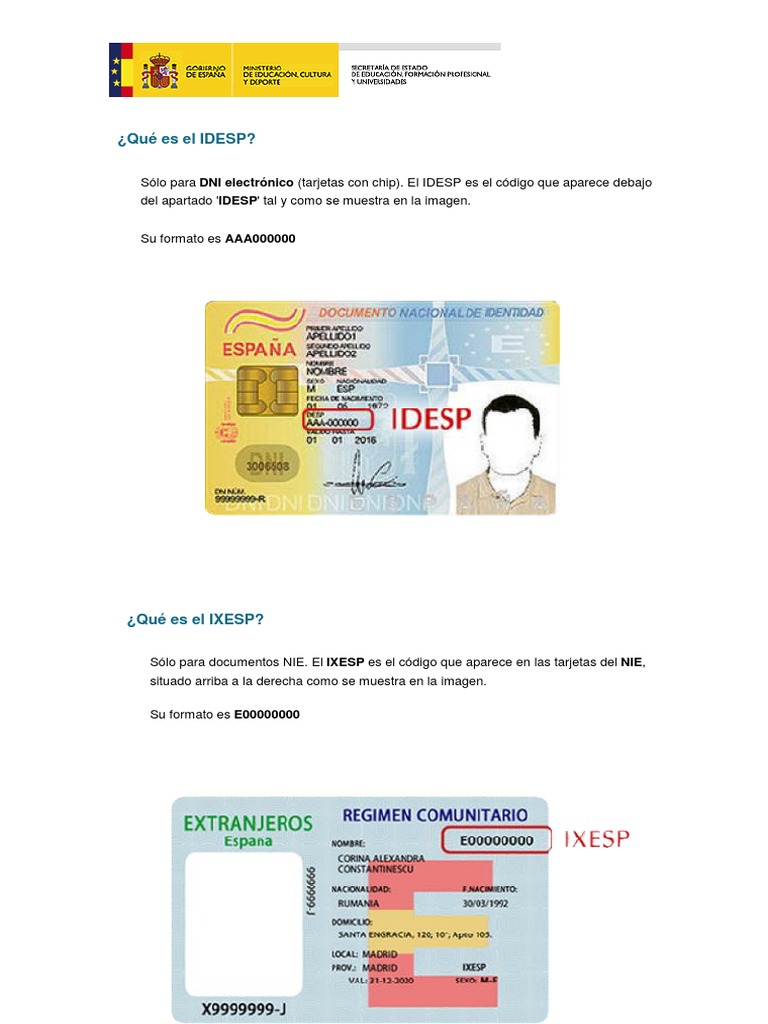 IDESP e IXESP: Códigos de DNI y NIE | PDF