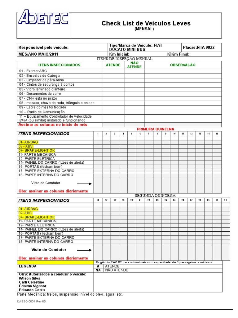 Check List de Veículos Leves Ducato Rev.1 Carro Airbag