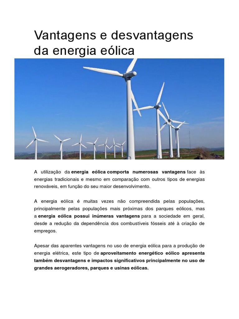 Vantagens e Desvantagens da Energia Eólica | PDF | Energia eólica ...