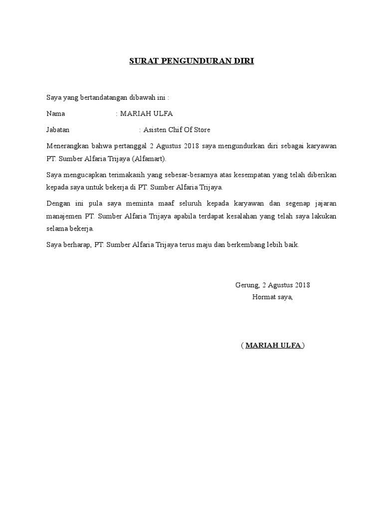 Contoh Surat Pengunduran Diri Pt Alfamart