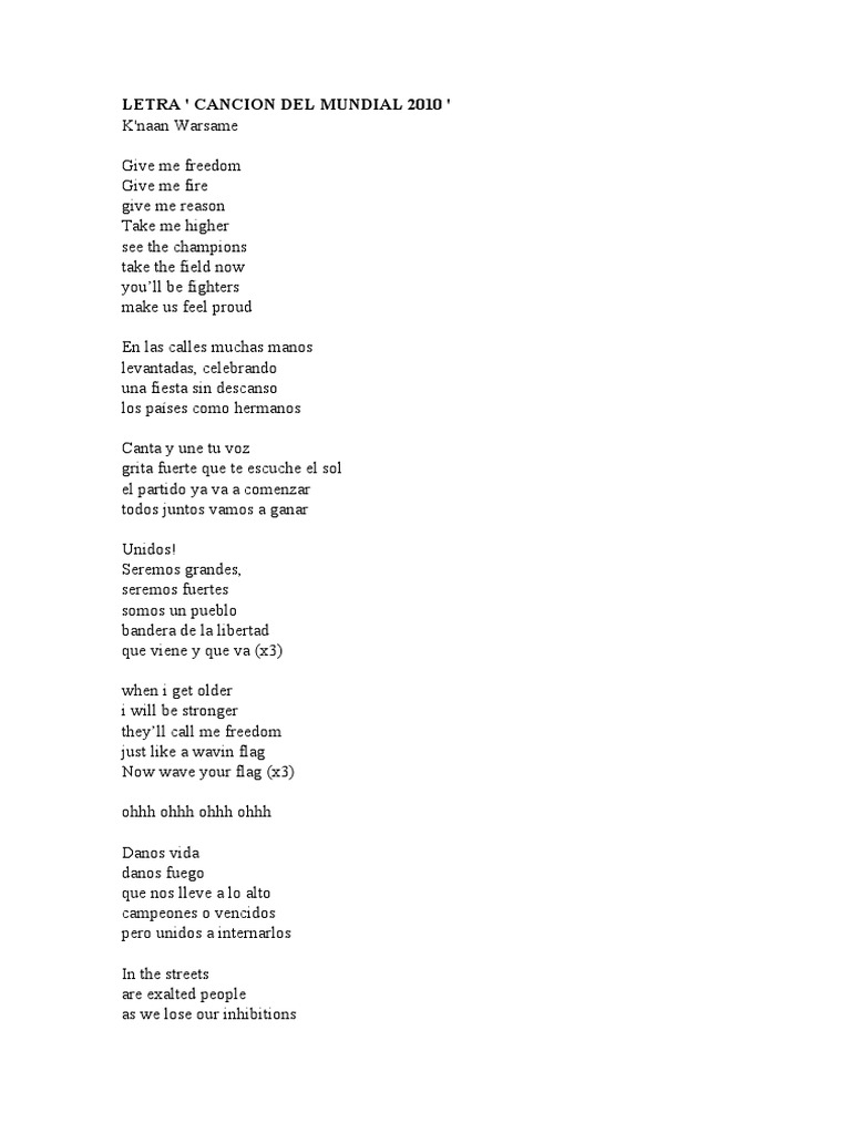 Letra de la Canción del Mundial 2010 | PDF | Deportes y actividades al ...
