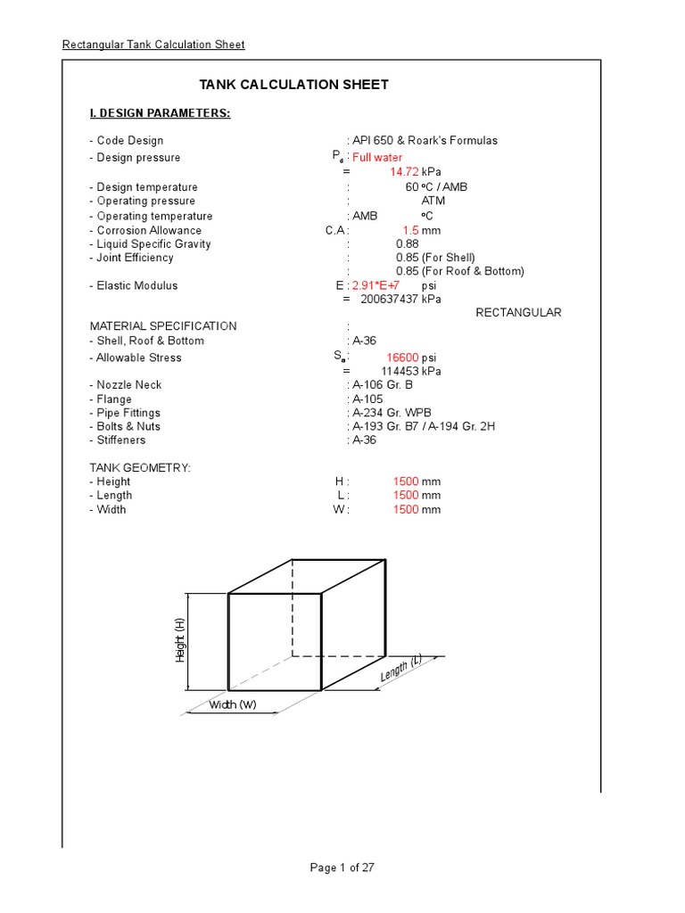 Rectangular Tank Design Calculations | PDF | Pressure | Elasticity ...