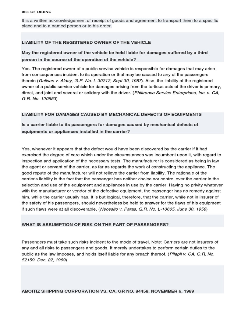 Bill of Lading PDF Common Carrier Legal Liability