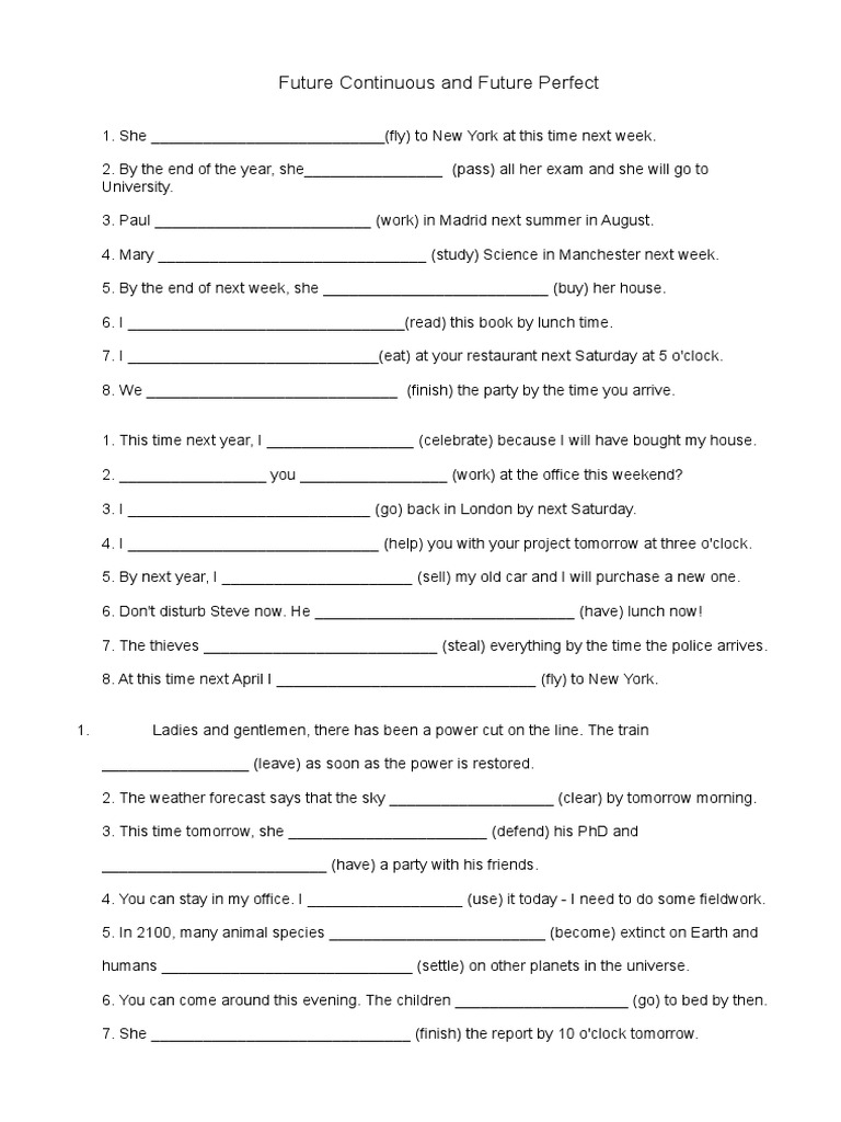 Future Continuous and Perfect Tenses Exercises | PDF | Nature