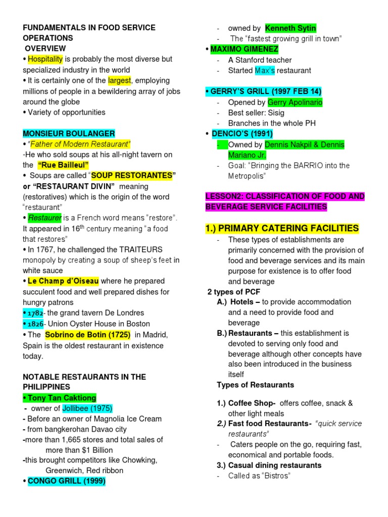 Fundamentals in Food Service Operations Waiting Staff Restaurants