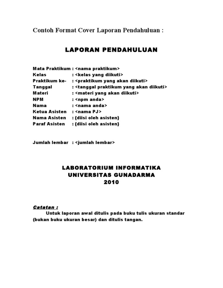 Contoh Format Cover Laporan Pendahuluan