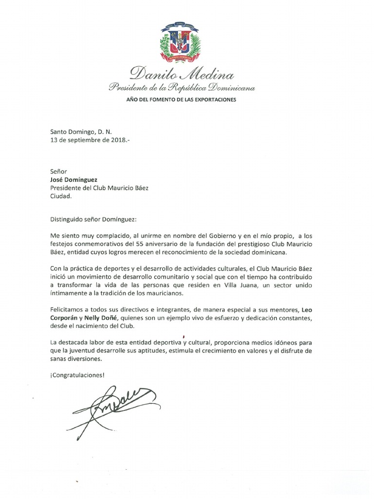 Carta de felicitación del presidente Danilo Medina por 55 aniversario