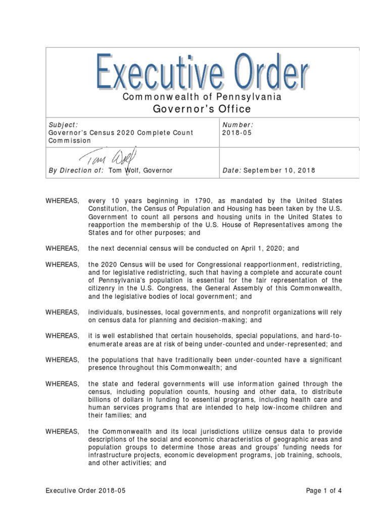 Gov. Wolf Census Executive Order | PDF | Census | United States Census ...