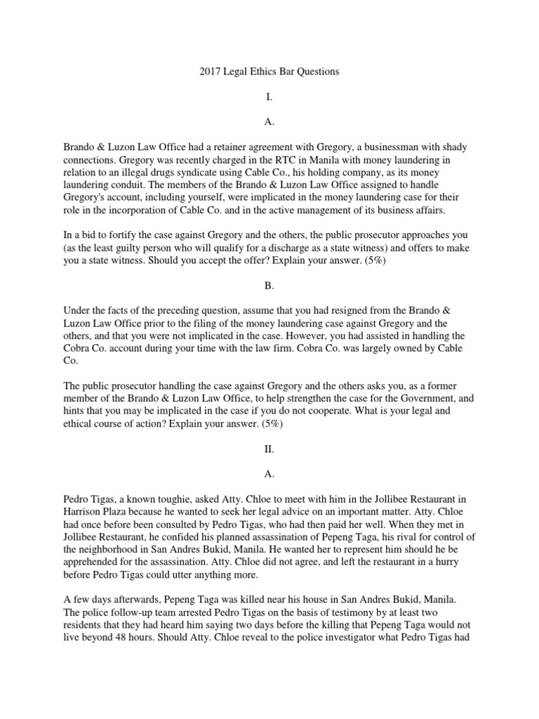 2017 Legal Ethics Bar Exam Questions | PDF | Lawyer | Complaint