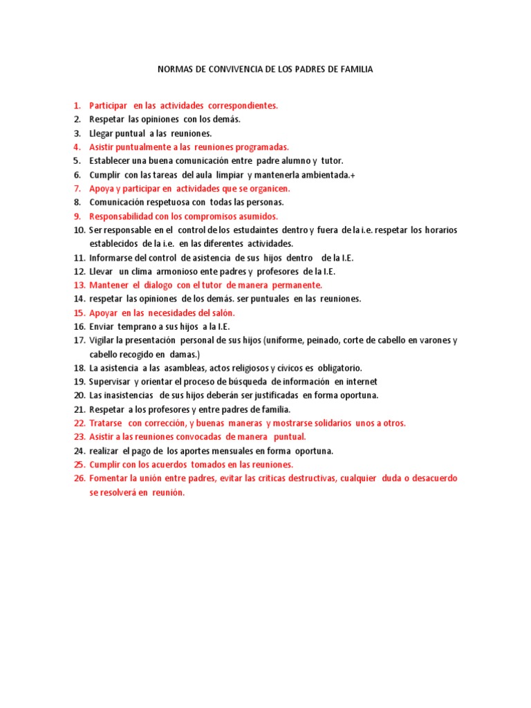 Normas de Convivencia para Padres de Familia | PDF | Maestros