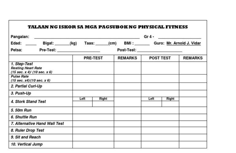 Physical Fitness Test Score Sheet | PDF