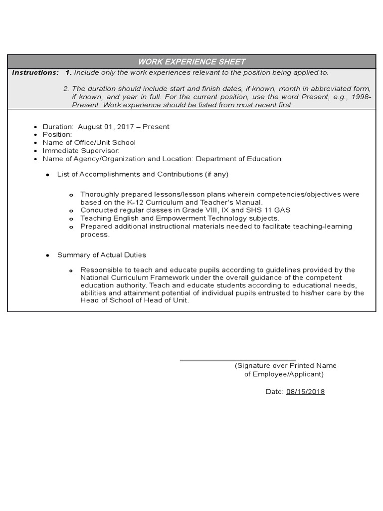 Work Experience Sheet Example for Teachers | PDF