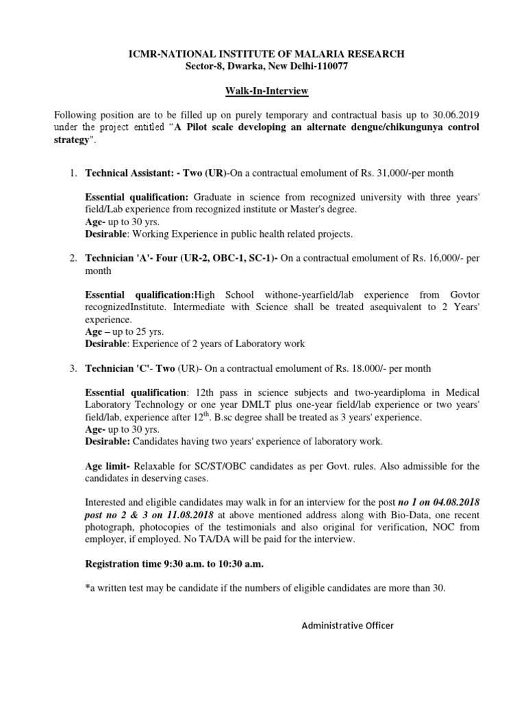 ICMR Walk-In Interview for Technical Positions | PDF