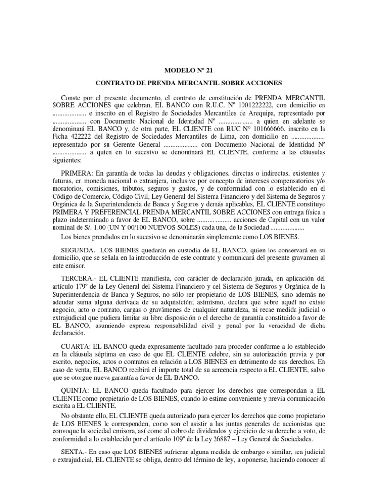 Contrato de Prenda Mercantil Bancos Sociedad de