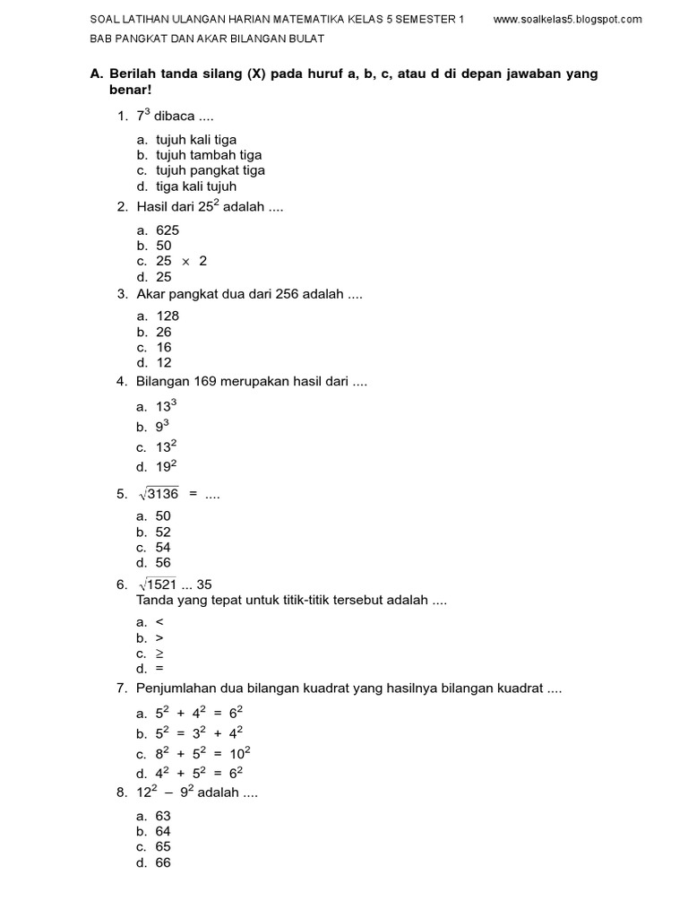 Soal Uh MTK Kelas 5 Bab Pangkat Dan Akar Bilangan Bulat Semester 1 | PDF