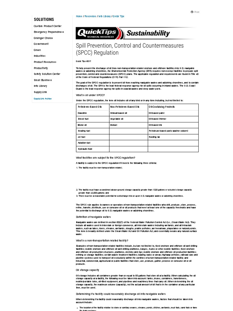 Spill Prevention, Control and Countermeasures (SPCC) Plans Quick Tips