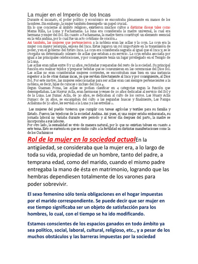 Rol de la mujer en el Imperio Inca | PDF | Mujer | Imperio Inca