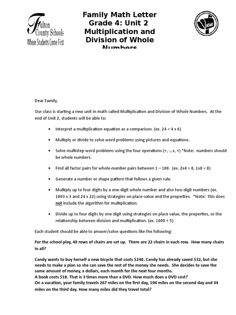 Unit 2 Family Letter Multiplication Numbers