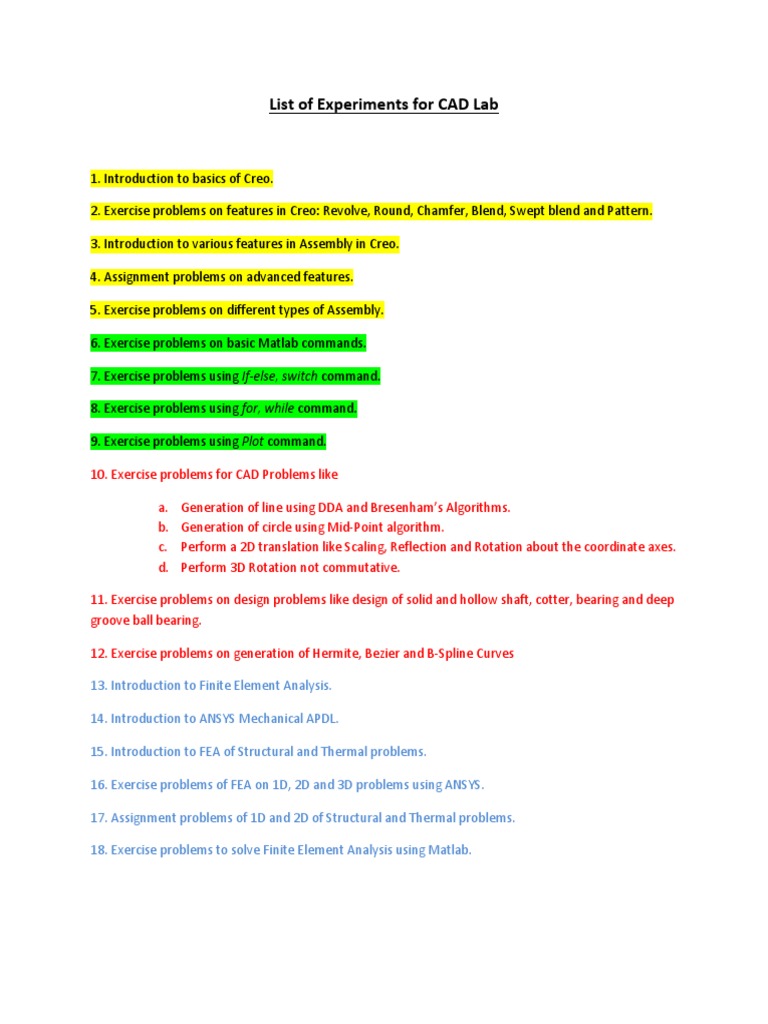CAD Lab Experiments and Exercises Guide | PDF