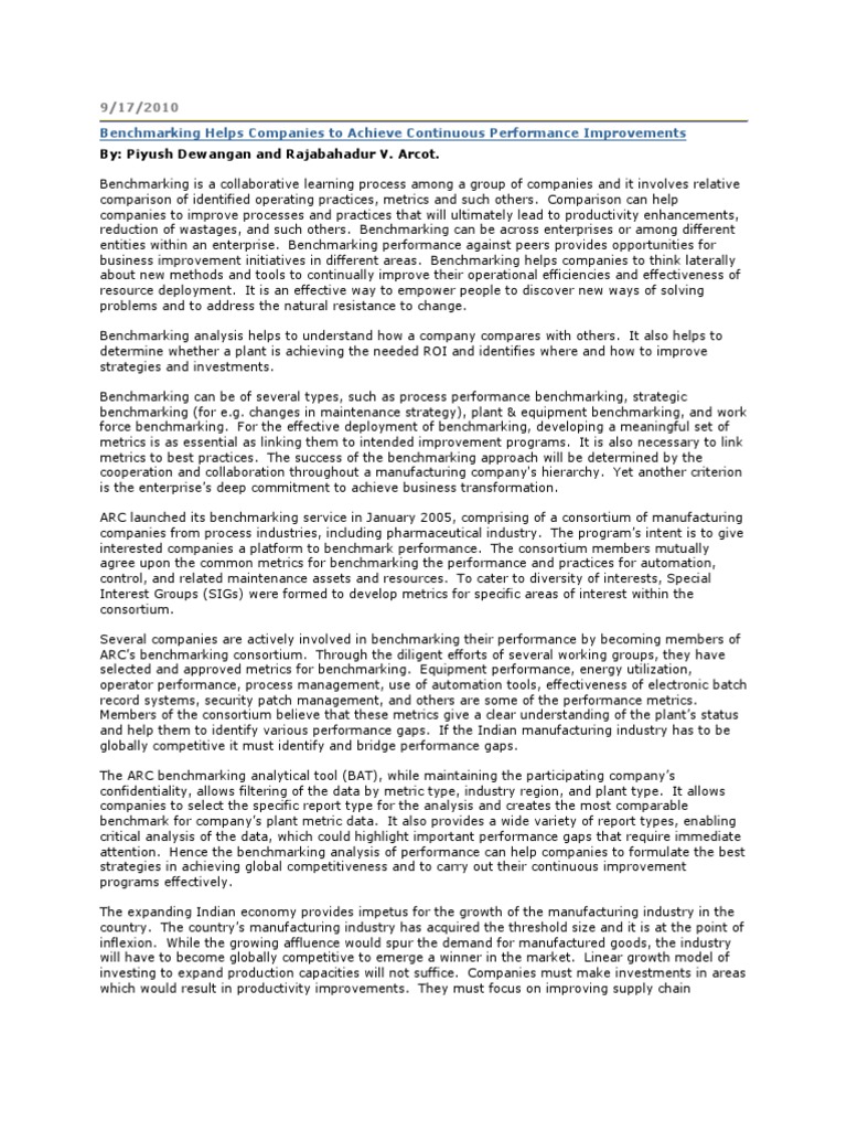 Benchmarking for Performance Improvement | PDF