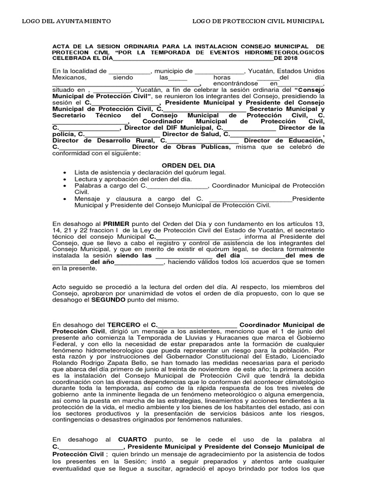 Acta de Instalacion Del Consejo Municipal de Proteccion  Defensa Civil