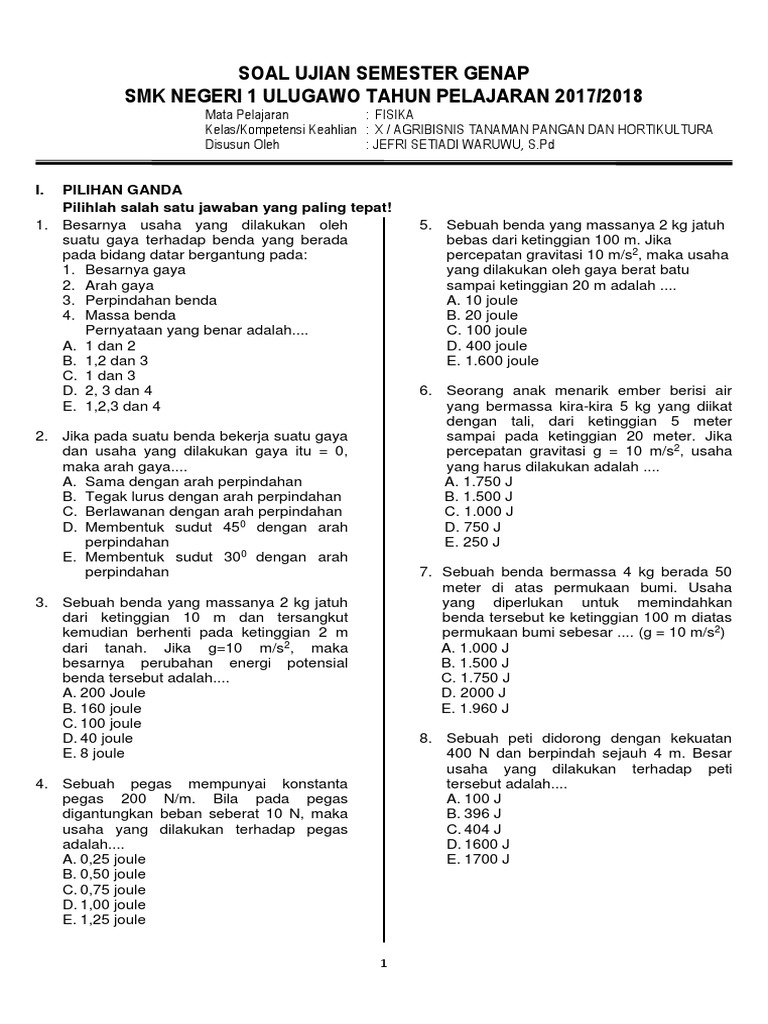 Soal Pilihan Ganda Fisika Kelas 10 Guru Paud