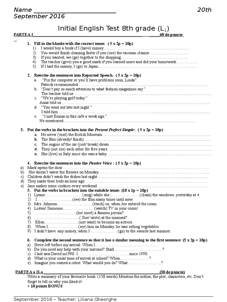 Initial English Test 8th Grade (L) | PDF