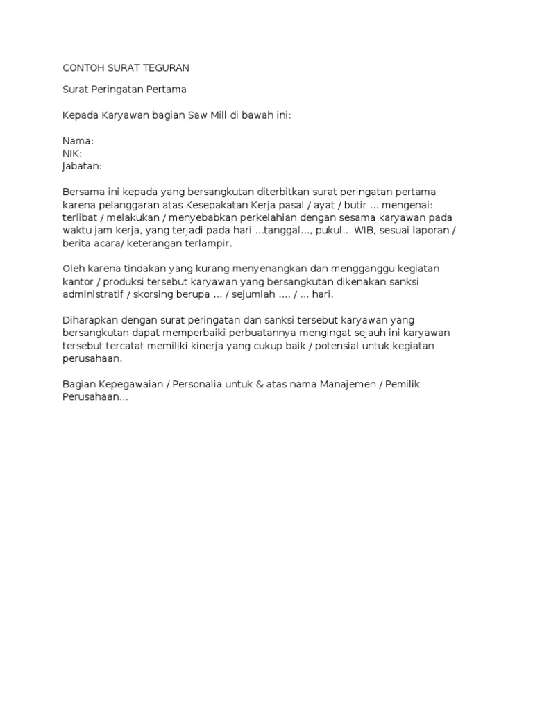 Contoh Surat Peringatan Pertama Pns