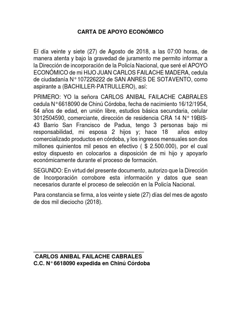 Carta de Apoyo Económico para Policía | PDF