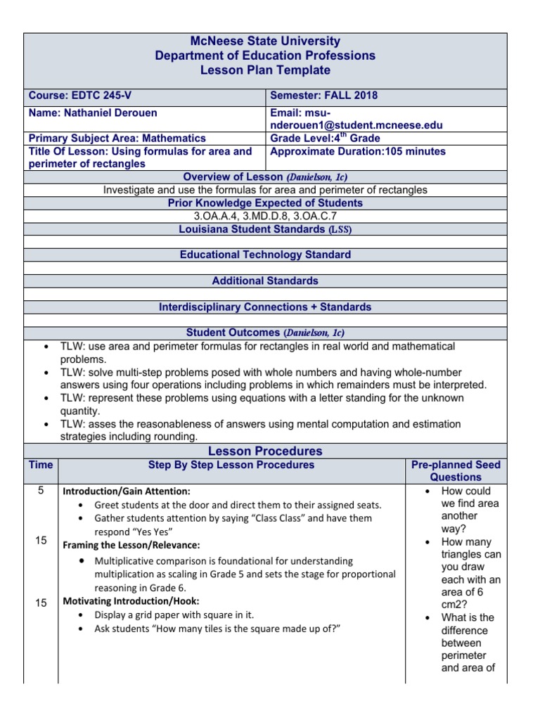 4th Grade Math: Area & Perimeter Lesson | PDF | Area | Rectangle