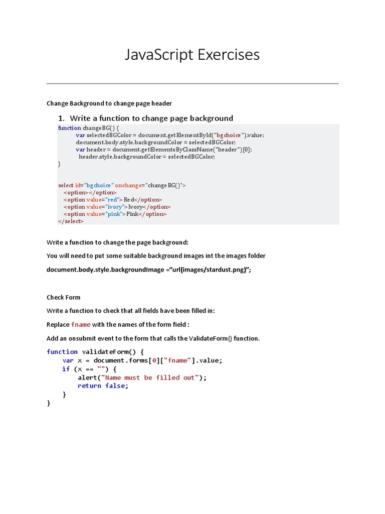 Javascript Exercises: 1. Write A Function To Change Page Background | PDF