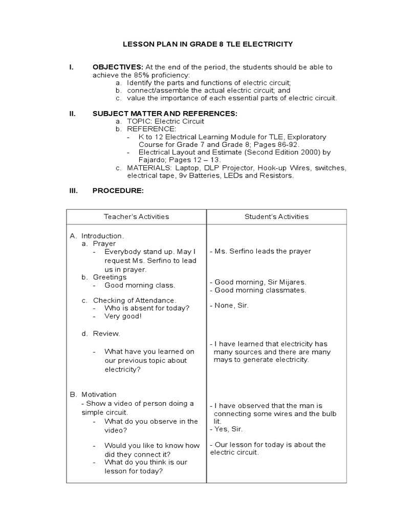 Grade 8 Electric Circuit Lesson Plan | PDF | Direct Current | Electricity