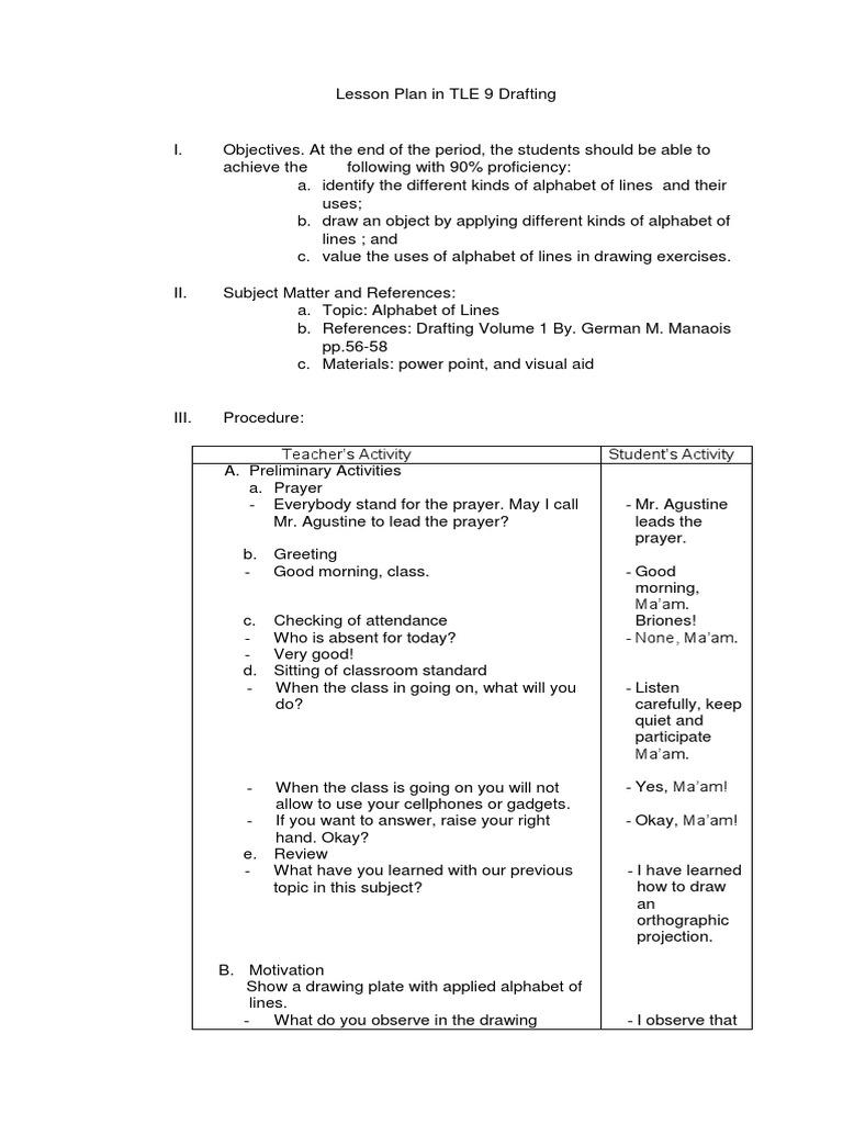 Detailed Lesson Plan in Grade 9 - Drafting - Alphabet of Lines ...