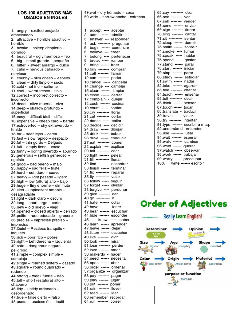 100 Adjetivos Comunes en Inglés | PDF