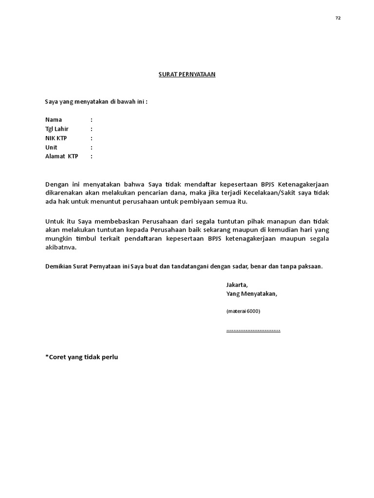 Contoh Surat Pernyataan Pencairan Bpjs
