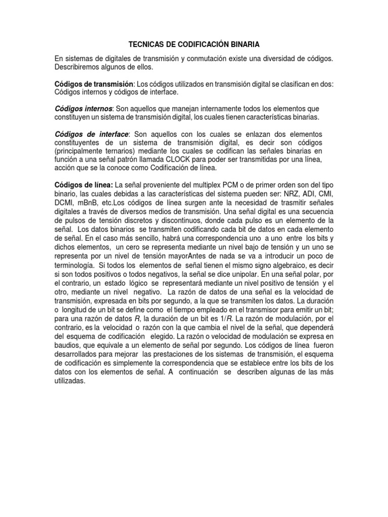 Tecnicas de Codificación Binaria | PDF | Electrónica | Telecomunicaciones