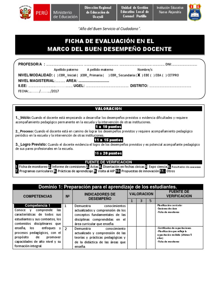Ficha Evaluación de Desempeño Docente Evaluación Maestros