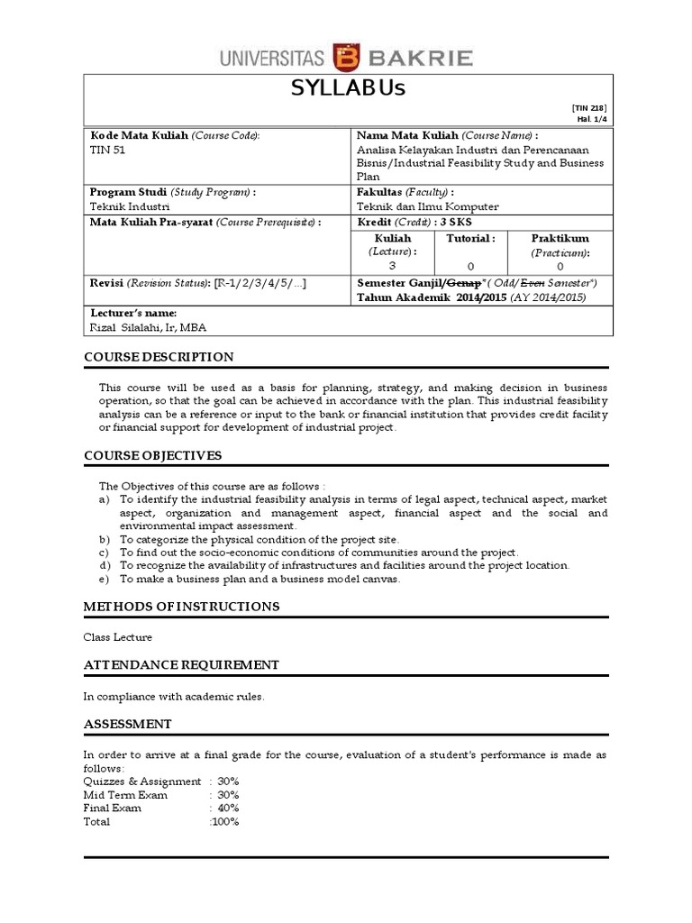 Syllabus: Course Description | PDF | Feasibility Study | Resource