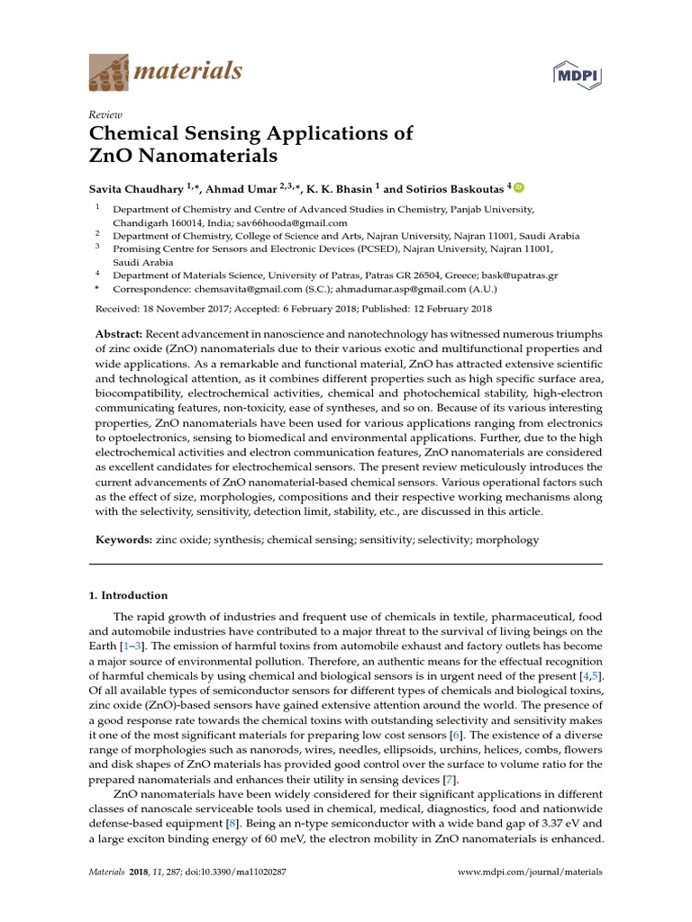 Chemical Sensing Applications of ZnO Nanomaterials | PDF | Zinc Oxide ...