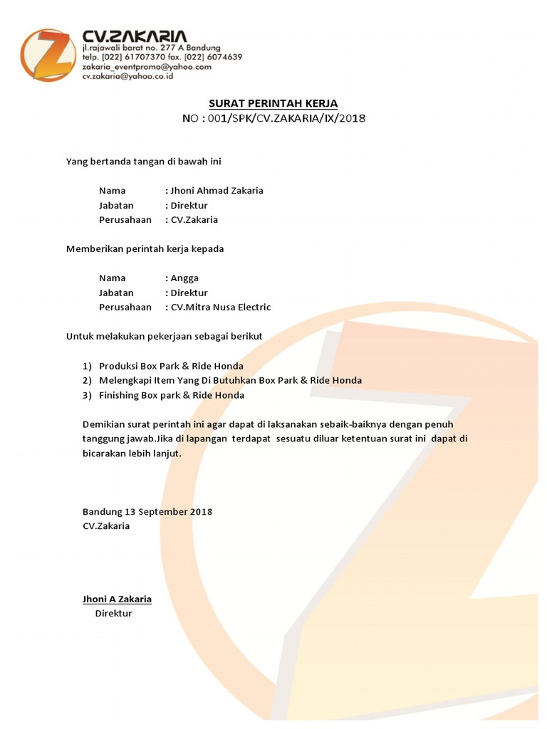 No 001spkcvzakariaix2018 Surat Perintah Kerja