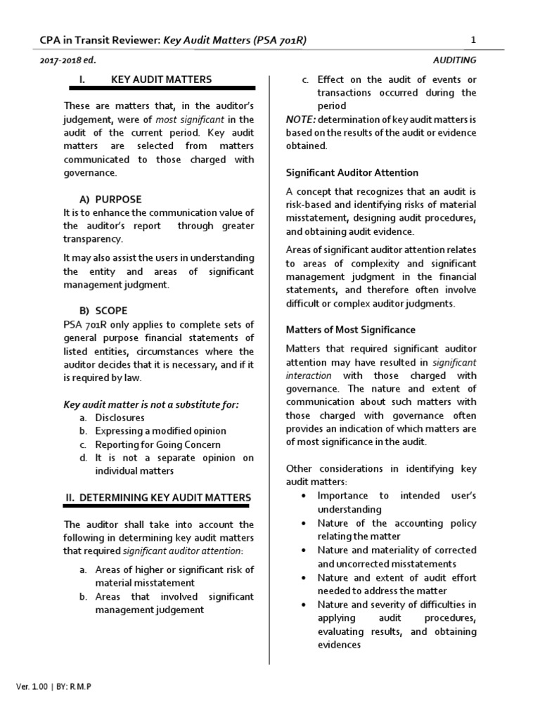 CPAT Reviewer Key Audit Matters Financial Audit Auditor's Report